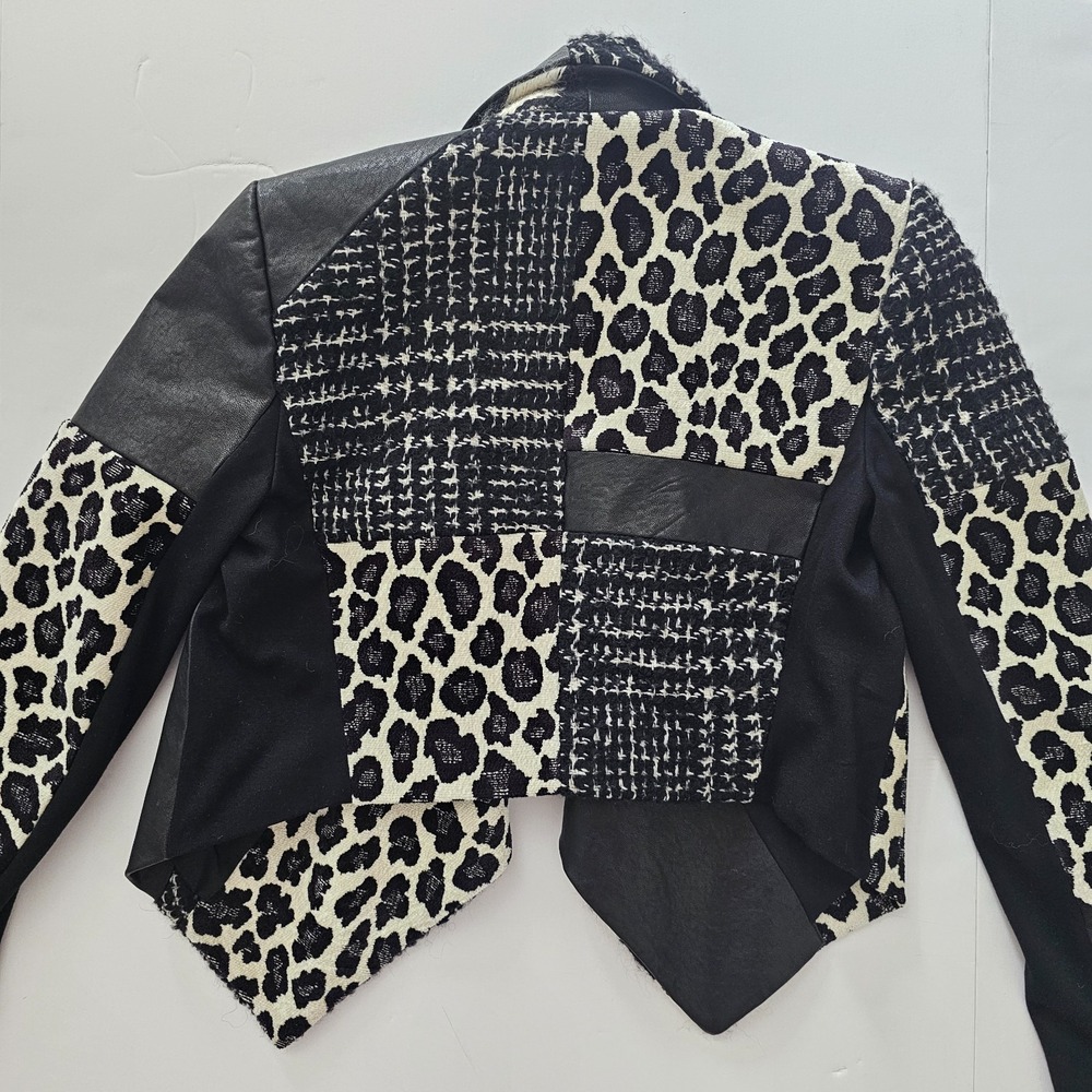Alice + Olivia Small Harvey Cropped Tweed Leather Leopard Jacket Patchwork NWT - Picture 5 of 12